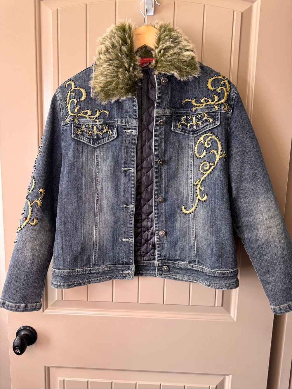 Embellished Denim Jacket with Faux Fur Collar